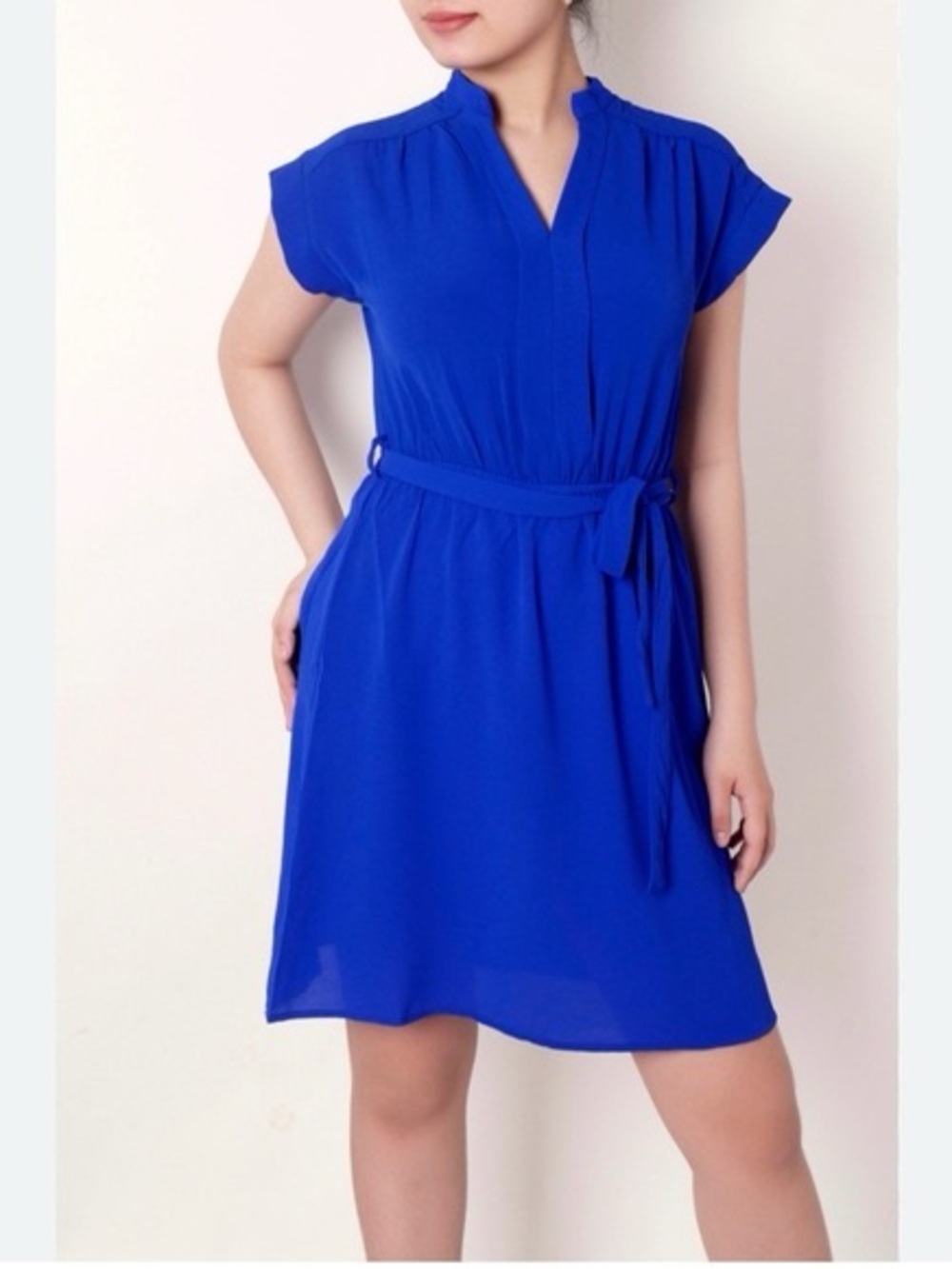 Monteau Business Casual Cobalt Royal Blue Short Sleeve Ruffle Mini Dress